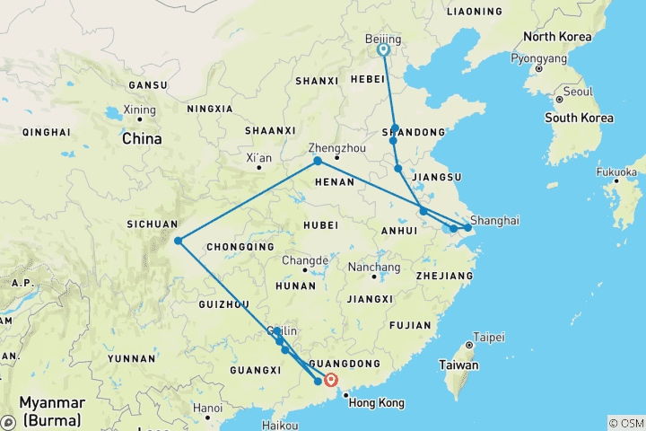 Karte von Nord- und Südchina (Ende Guangzhou) (15 Destinationen)
