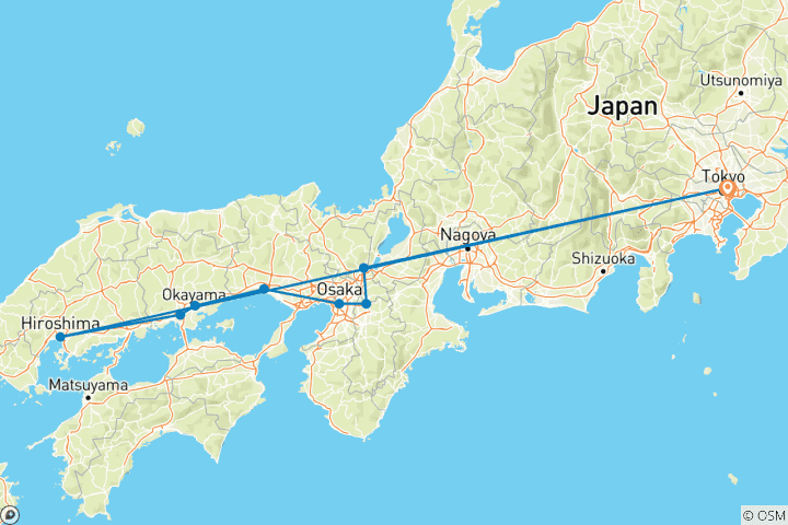 Mapa de Tokio, Kioto e Hiroshima finalizando en Tokio