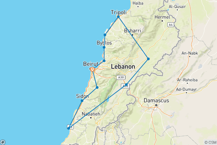 Map of Customzied 12 Days In-depth Tour of Lebanon (Private Guide & Driver)