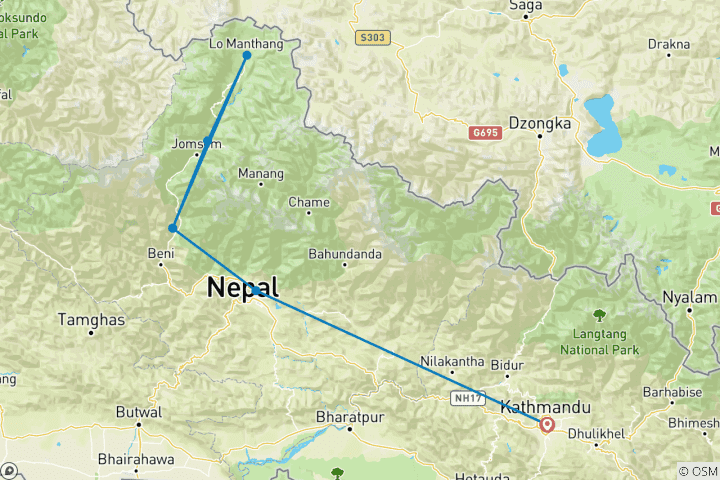 Map of Upper Mustang Motorbike Ride Tour from Kathmandu- 11 days