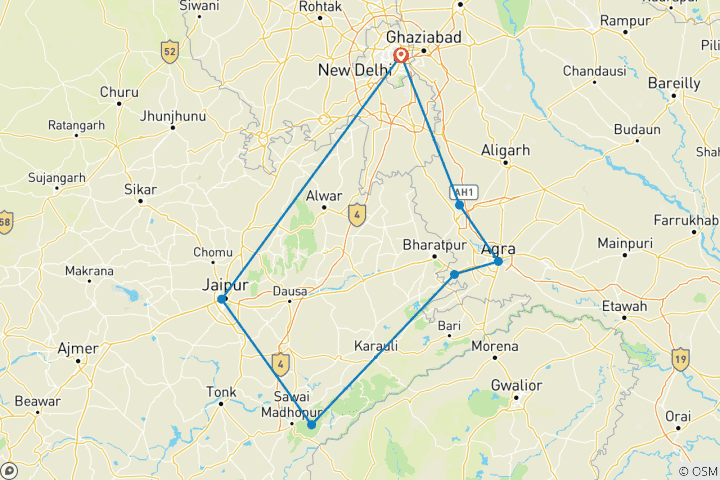 Mapa de Triángulo de Oro y Ranthambore - 2 safaris de tigres incluidos