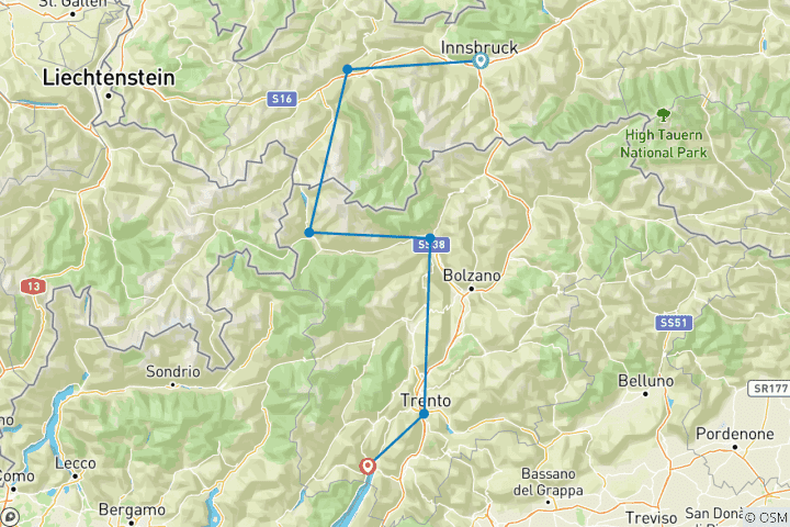 Karte von EUREGIO Radreise von INNSBRUCK zum Gardasee - relax (9 Tage)