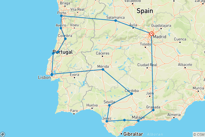 Kaart van Hoogtepunten van Spanje & Portugal: 14-daagse kleine groep