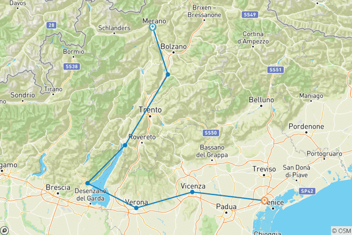 Carte du circuit Merano - Venise : de la ville thermale à la place Saint-Marc - sportif (8 jours)