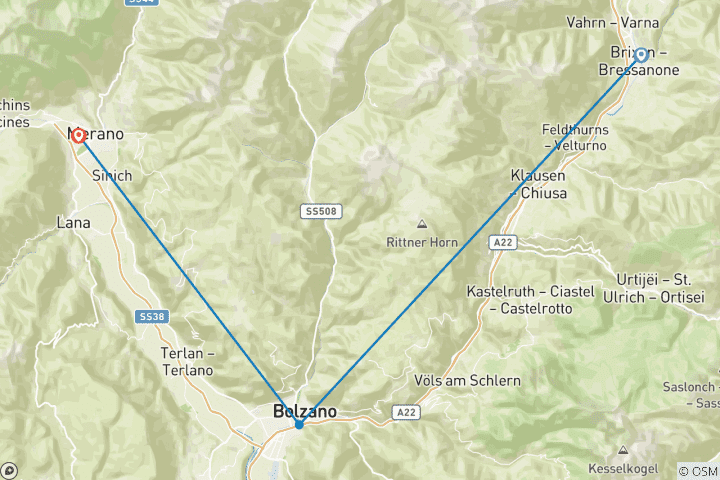Map of The Pearls of South Tyrol - On River Cycle Paths to Bressanone, Bolzano and Merano 7 Days
