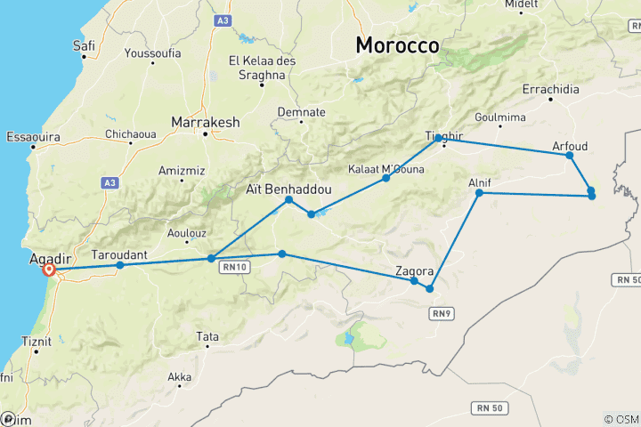 Carte du circuit Excursion privée de 4 jours dans le désert à Zagora et Merzouga au départ d'Agadir