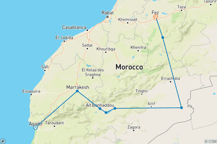 Carte du circuit 5 jours de découverte du désert : D'Agadir à Fès en passant par Marrakech