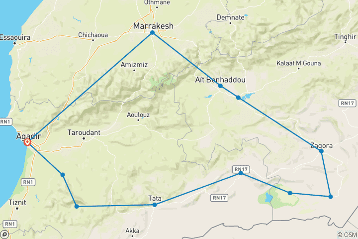 Carte du circuit Circuit de 6 jours dans le désert d'Agadir à Erg Chegaga via Marrakech
