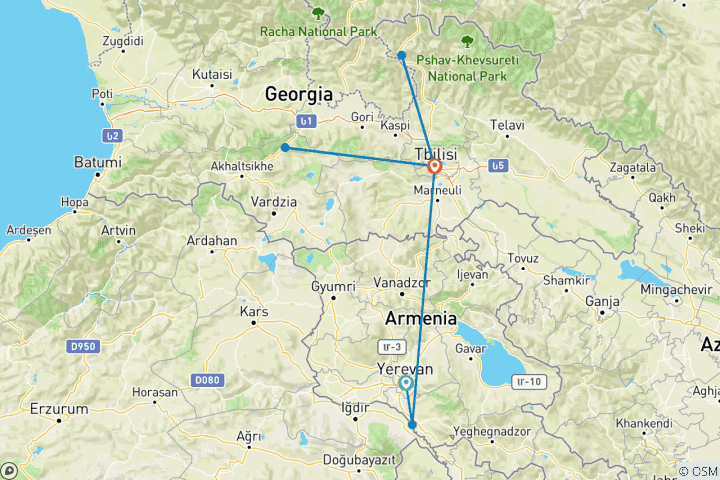 Map of 7-Day Armenia & Georgia Combined Tour – Discover Yerevan, Lake Sevan, Tbilisi, Kazbegi & Borjomi