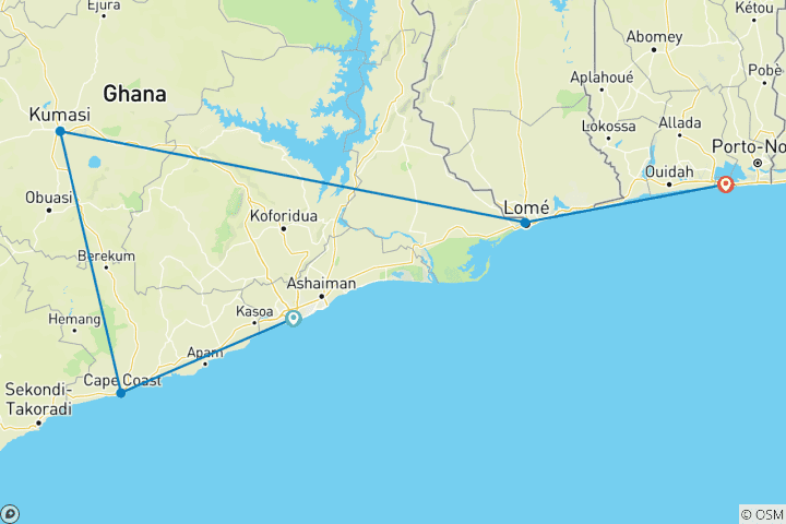 Carte du circuit Tournée Panafest 2027 au Ghana, au Togo et au Bénin