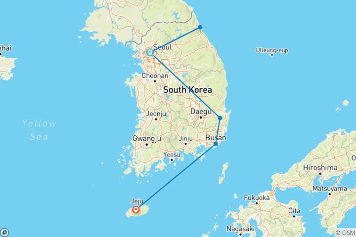 Carte du circuit 10 jours en Corée du Sud - Circuit familial privé avec hôtels 4 étoiles (sans groupe, personnalisable)