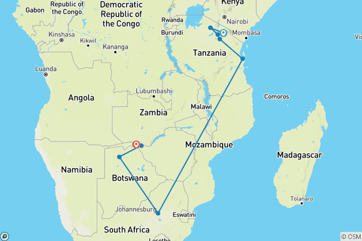 Karte von 11 Tage - Tansania Safari, Victoriafälle und Okavango Delta