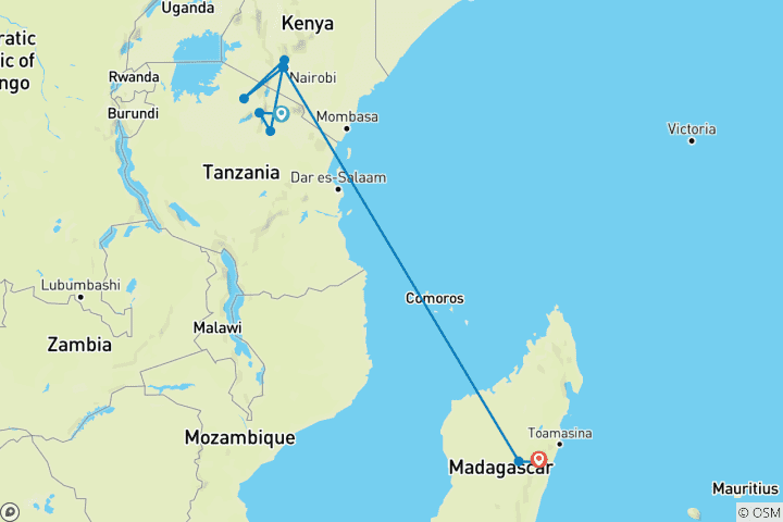 Karte von 12 Tage - Serengeti - Maasai Mara und Madagaskar