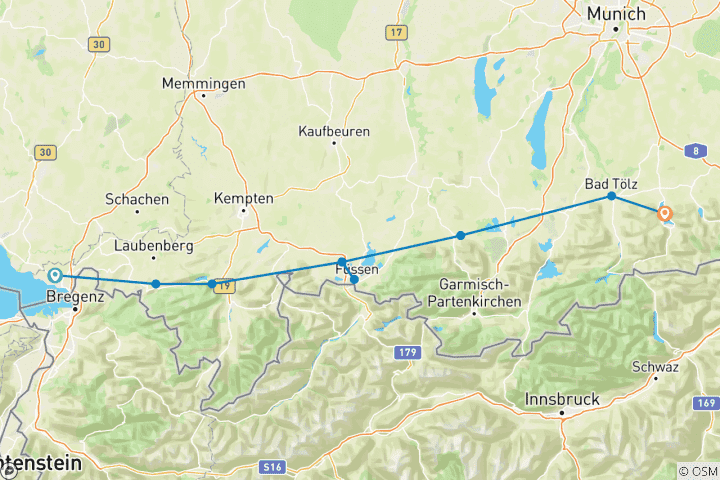 Karte von Vom Schwäbischen Meer an den Tegernsee - geführte E-Bike Reise (8 Tage)