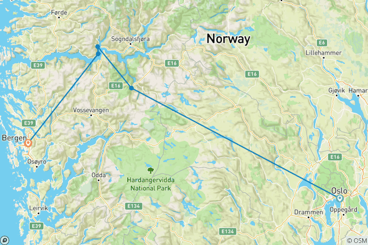 Carte du circuit Magie des Fjords Oslo - Bergen - 7 jours