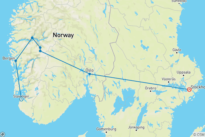 Carte du circuit Magie des Fjords de Stavanger à Stockholm - 11 jours