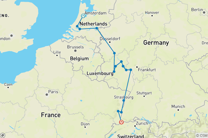 Carte du circuit Amsterdam avec les châteaux du Rhin et les vignobles de la Moselle 2027 - 13 jours (16 destinations)