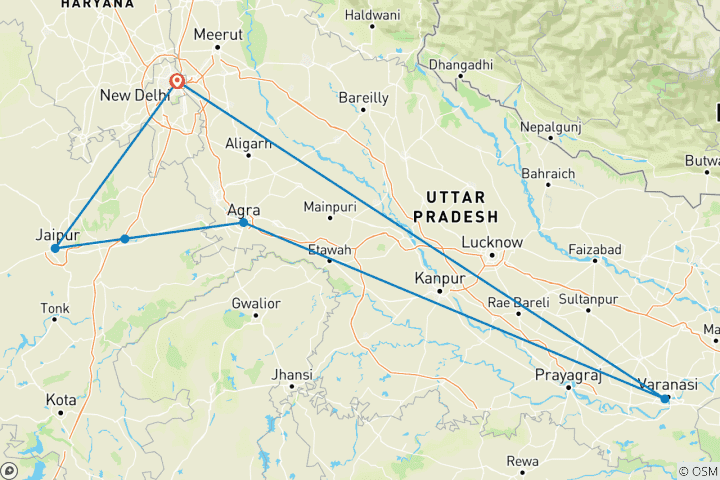 Mapa de Viaje Espiritual Privado de 7 Días al Triángulo de Oro con Benarés - Delhi, Agra, Jaipur y Ganges
