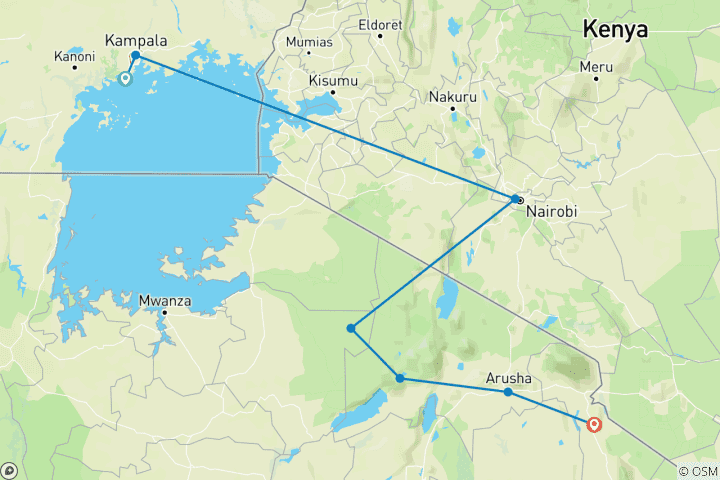 Carte du circuit 12 jours - Randonnée aux gorilles - Maasai Mara - Safari au Serengeti et au Cratère