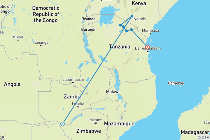 Carte du circuit 15 jours : Chutes Victoria - Maasai Mara - Serengeti et Zanzibar