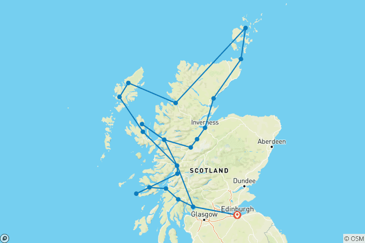 Carte du circuit 14 jours d'aventures en petits groupes à la découverte des îles au départ d'Édimbourg