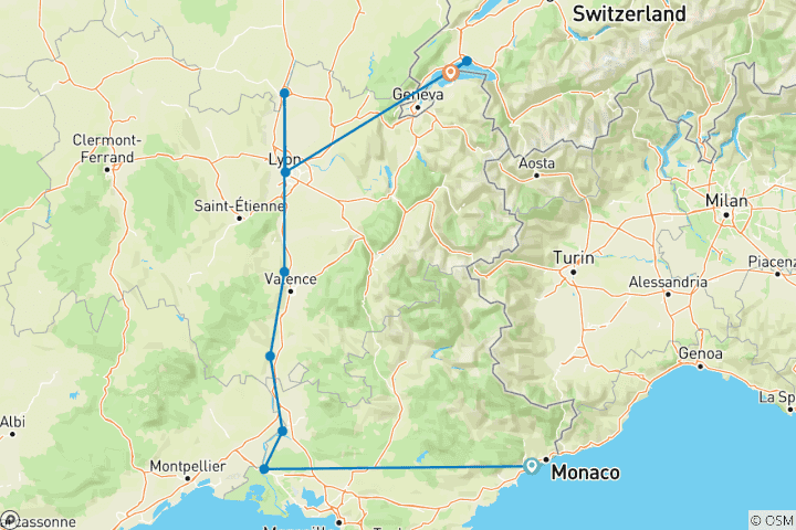 Karte von Sensationen von Lyon und der Provence mit Schweizer Bergen (von Nizza bis Genfersee)