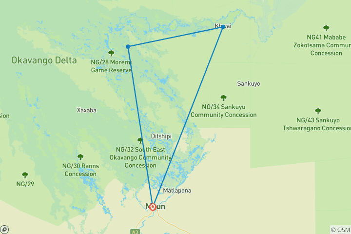 Map of Delta Wilderness Safari: 7-Day Moremi & Khwai Expedition