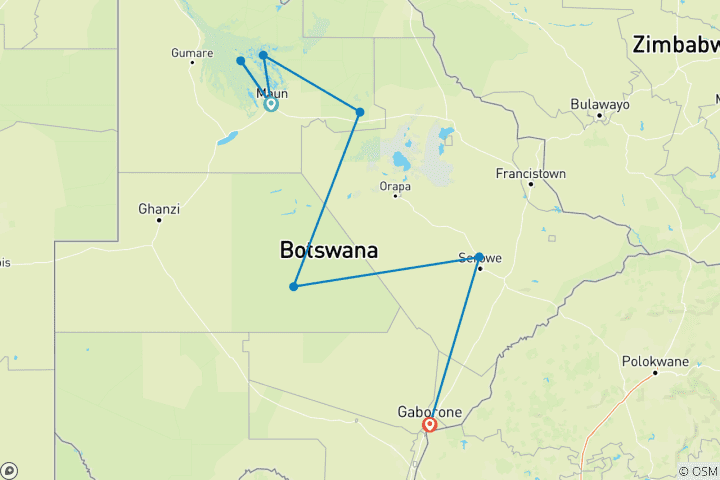 Kaart van Botswana Ontdekkingsreis: 12-daags avontuur in cultuur, natuur en wildernis
