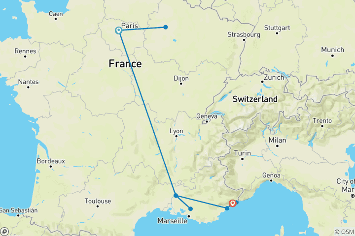 Carte du circuit Tour de France haut de gamme personnalisé 14 Dyas, départ quotidien et guide privé