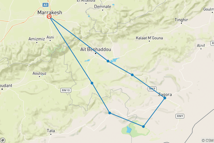 Carte du circuit 4 jours de Marrakech à Erg Chigaga Desert Camp