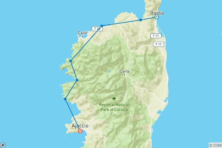 Carte du circuit Corse - A vélo le long de la côte ouest (8 jours)