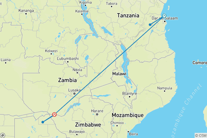 Map of 9-Day Zanzibar & Livingstone Safari Adventure Package