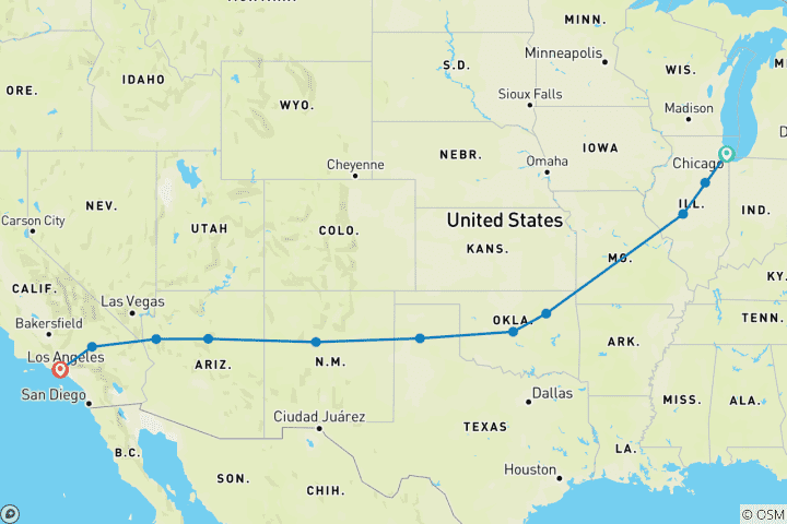 Kaart van Route 66 westwaarts