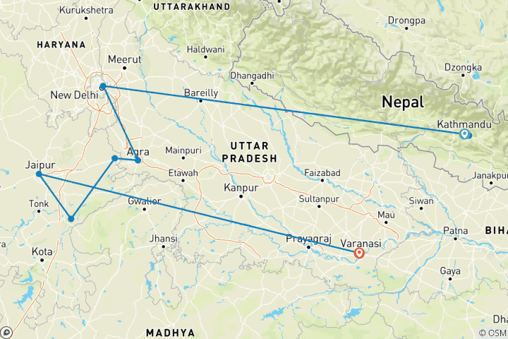 Carte du circuit Best of India (And Nepal, Intra Tour Air Kathmandu To Delhi)