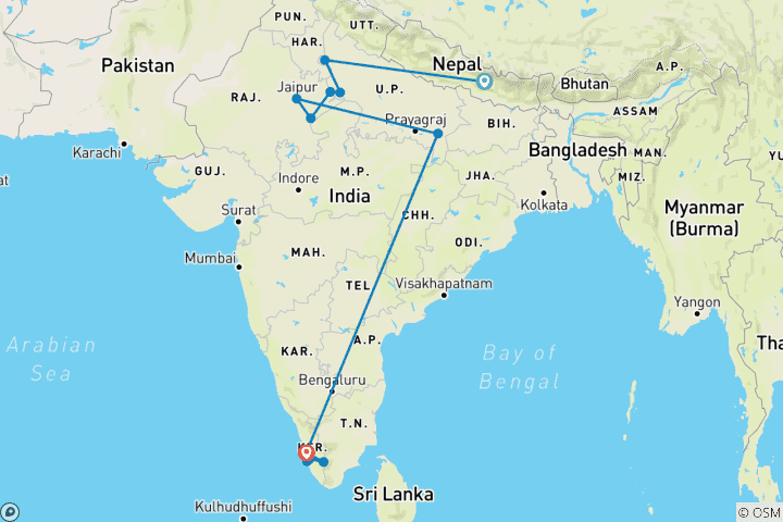 Carte du circuit Best of India (avec le Kerala et le Népal, Intra Tour Air Kathmandu To New Delhi)