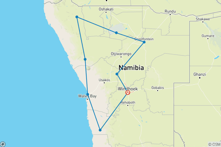 Mapa de Tour privado personalizado de 15 días por Namibia, con conductor, guía y coche exclusivos