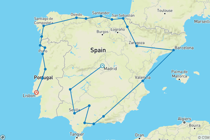 Carte du circuit 20 jours dans la péninsule ibérique au départ de Madrid