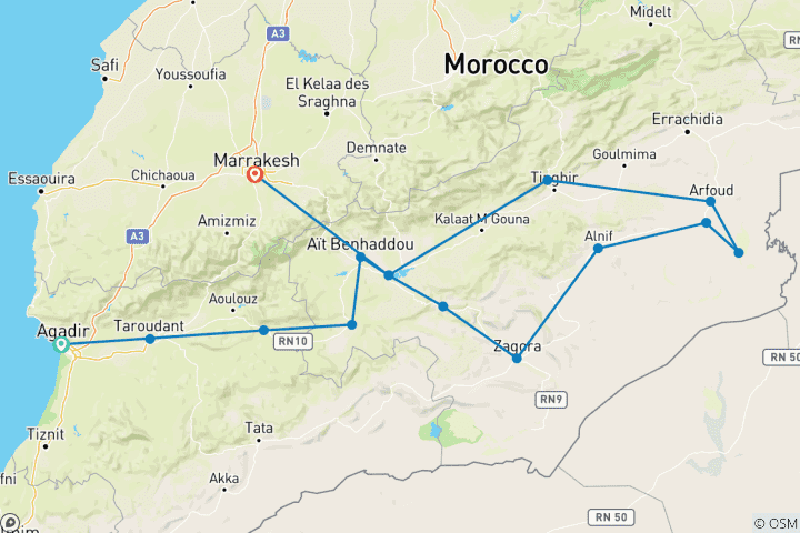 Karte von 4-tägige private Wüstentour von Agadir nach Marrakech
