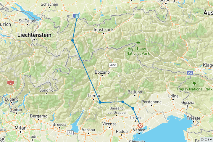 Kaart van Via Claudia Augusta - Alpenoversteek van Füssen naar Quarto d'Altino/Venetië - sportief (10 dagen)
