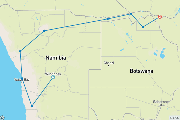 Map of Circuit personnalisé de 14 jours en Namibie, au Botswana et au Zimbabwe, avec guide privé