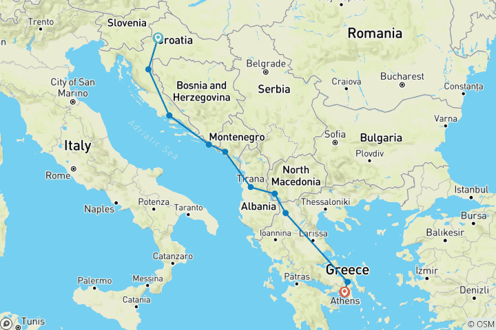 Carte du circuit De Zagreb à Athènes - Croatie Balkans et Grèce - Circuit en petit groupe