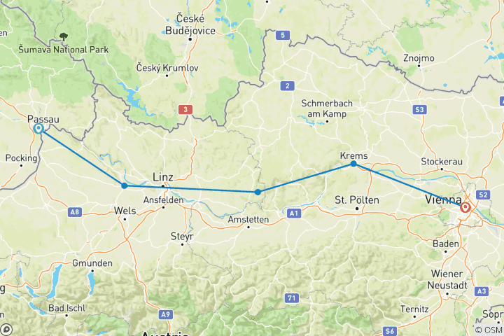 Karte von Donauradweg - Sportlertour (6 Tage)