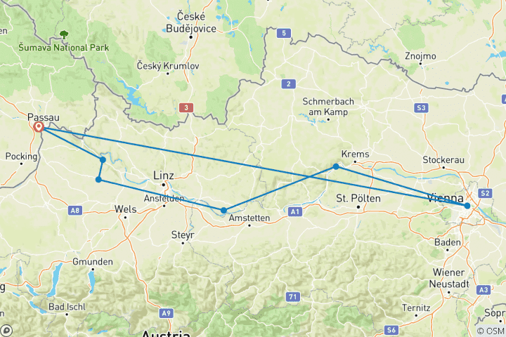 Kaart van Donau-fietspad boerderijtocht (8 dagen)