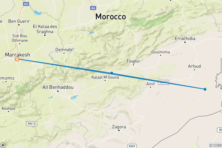 Carte du circuit 3 jours de visite du désert du Sahara - retour à Marrakech