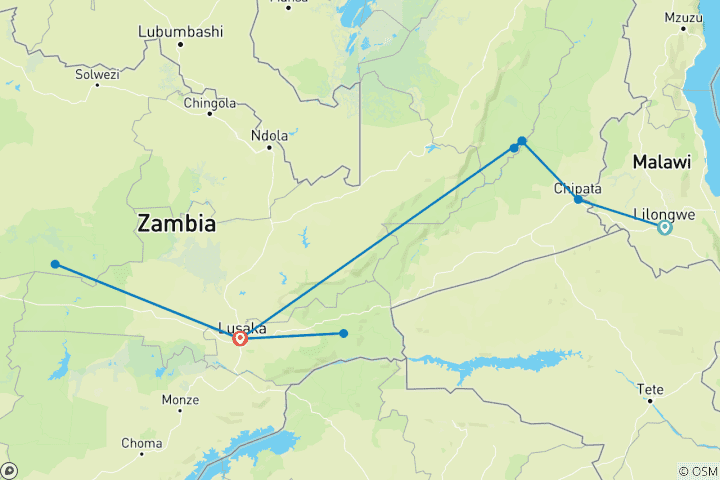 Map of 9-Day Malawi to Zambia Adventure: BIG-5 Classic ‘Best of Zambia’ Safari via Chipata Border”