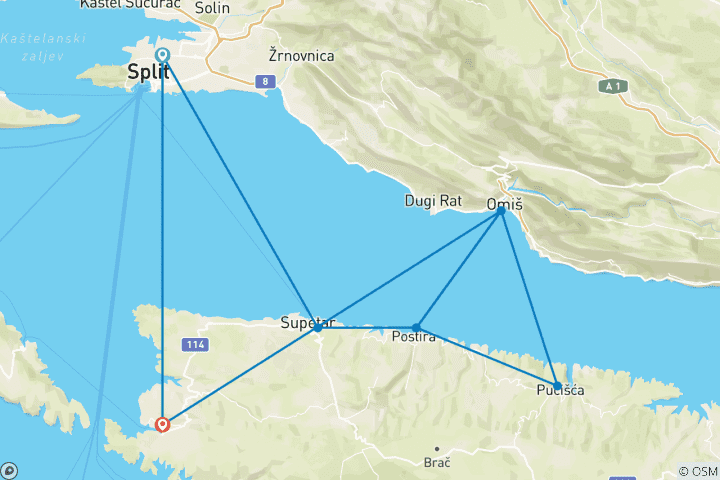 Carte du circuit Croisière Active et Padel Split - Brac et Omis 4 nuits