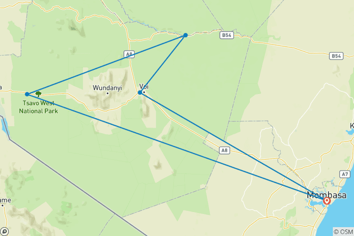 Carte du circuit Safari de 3 jours à Tsavo Est et Tsavo Ouest depuis les plages de la côte kenyane