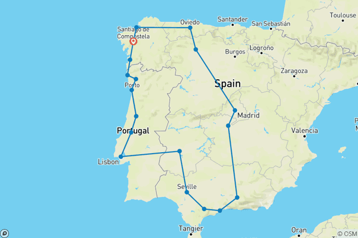 Carte du circuit 14 jours au Portugal, en Andalousie et dans le nord de l'Espagne depuis Saint-Jacques-de-Compostelle