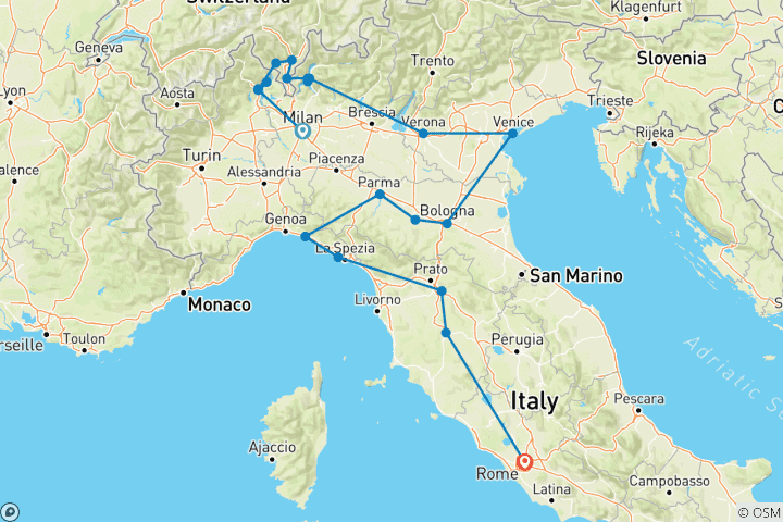 Mapa de Italia de un vistazo: un viaje de 15 días con guía, desde los cristalinos lagos alpinos hasta las ondulantes colinas toscanas y las maravillas intemporales de Roma.