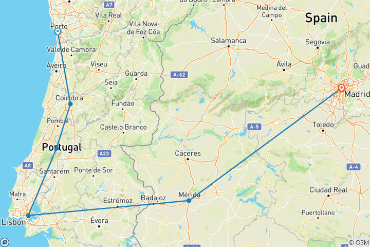 Kaart van 6-daagse van Porto naar Madrid